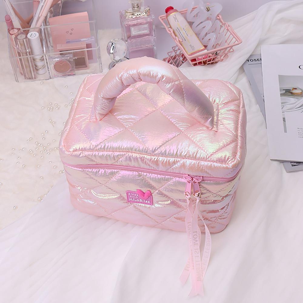 Wide Open Quilted Makeup Bag Large Capacity Zipper Handle Travel Toiletry Cosmetic Bag Ladies Makeup Storage Bags