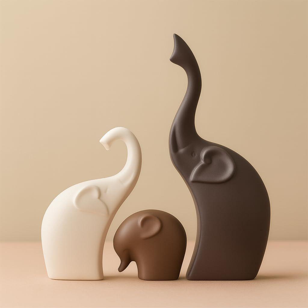 Xtore Home Decor Elephant Family Matte Finish Ceramic Figures - (Set of 3 Piece, Matte Brown)