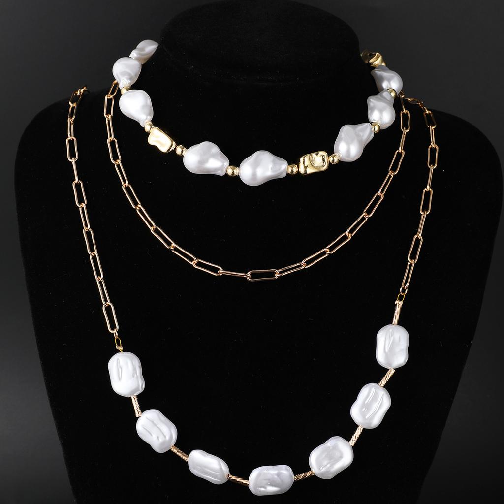 3Pcs Gold Color Baroque Pearl Layered Necklace Set For Women Irregular Pearl Paperclip Chain Chokers Long Y-Necklace Jewelry New