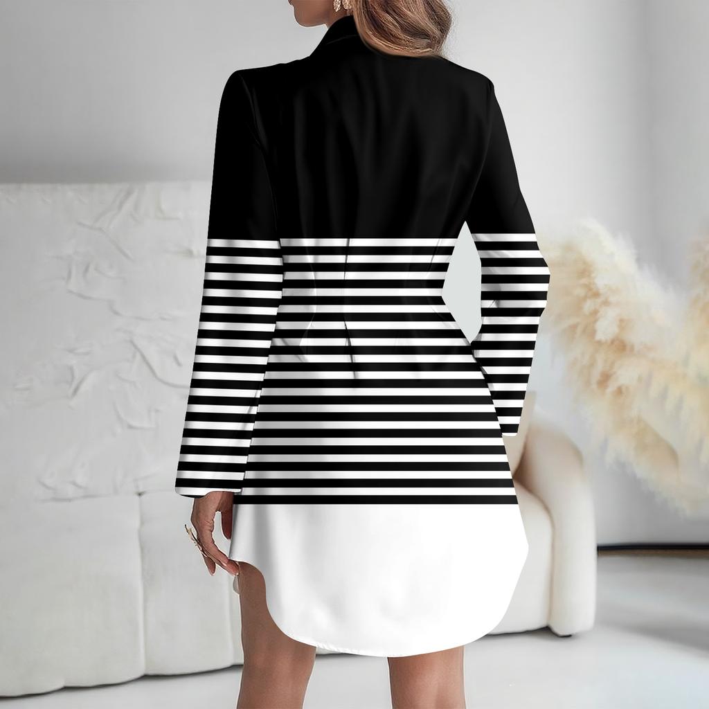 Damen Locker sitzendes V-Ausschnitt Langarmkleid Druck Arbeitshemdkleid