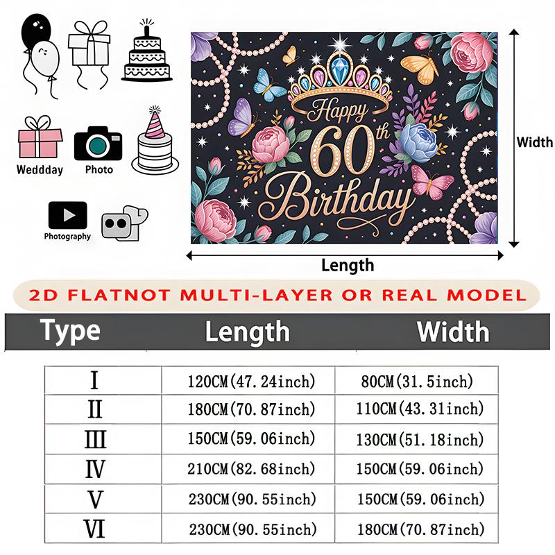 Party Backdrop Birthday Rose Butterfly Multicolor 60th 60 Photo Booth Background Wall Decor