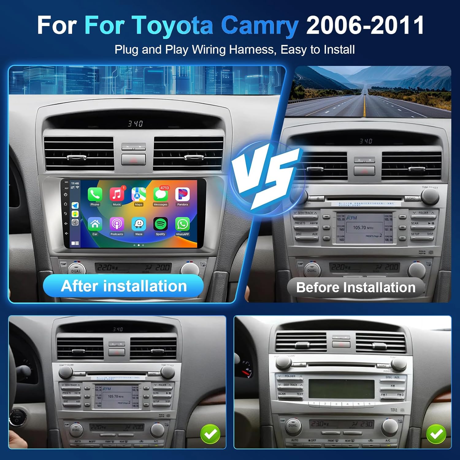 

Android автомагнітола для Toyota Camry 2006-2011, 9 сенсорний екран з бездротовим CarPlay, Android Auto, GPS, WiFi, Bluetooth, Задня камера A