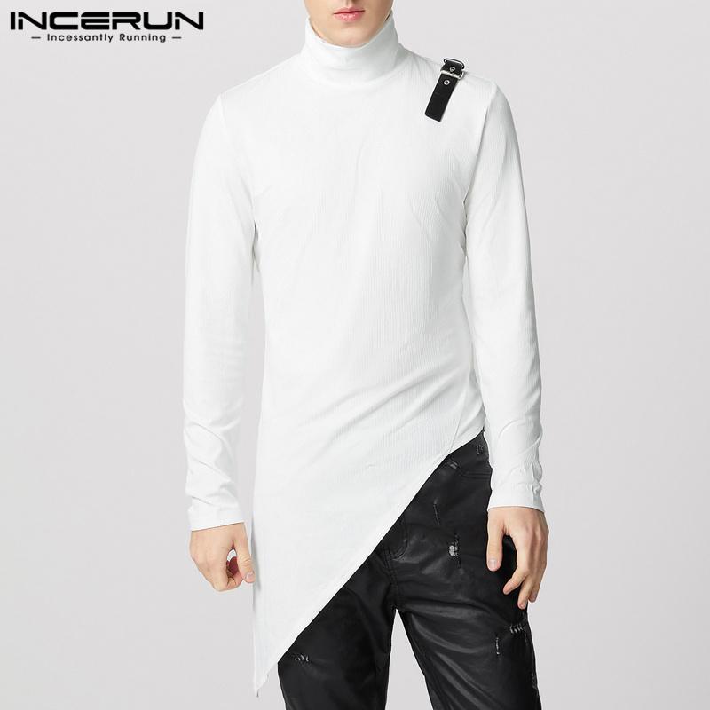 INCERUN Men Turtleneck Long Sleeve Patchwork Irregular Thin Rib Tops Undershirts