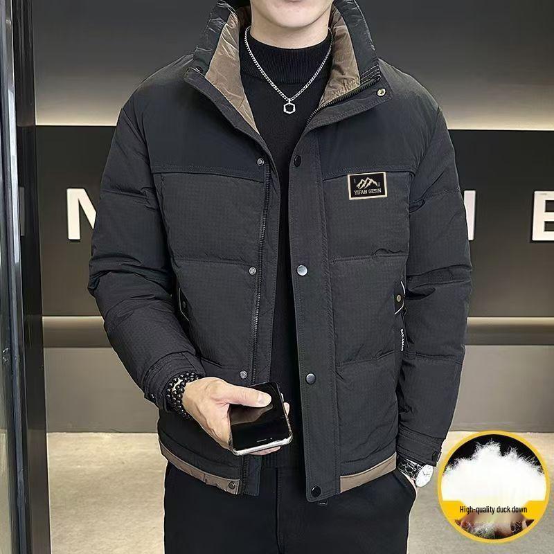 Echte Herren-Winter-Daunenjacke mit Stehkragen, schmaler Passform – Dicke, kurze Oberbekleidung