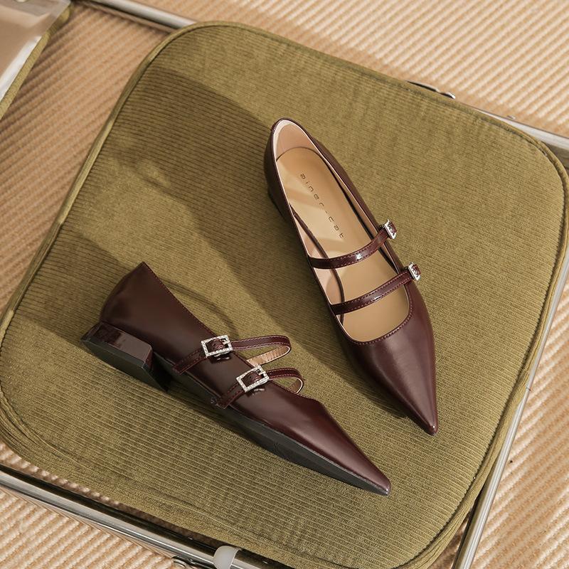 29816 [sheepskin] flat shoes women's thick heel 2025 new pointed temperament word with Mary Jane single shoes