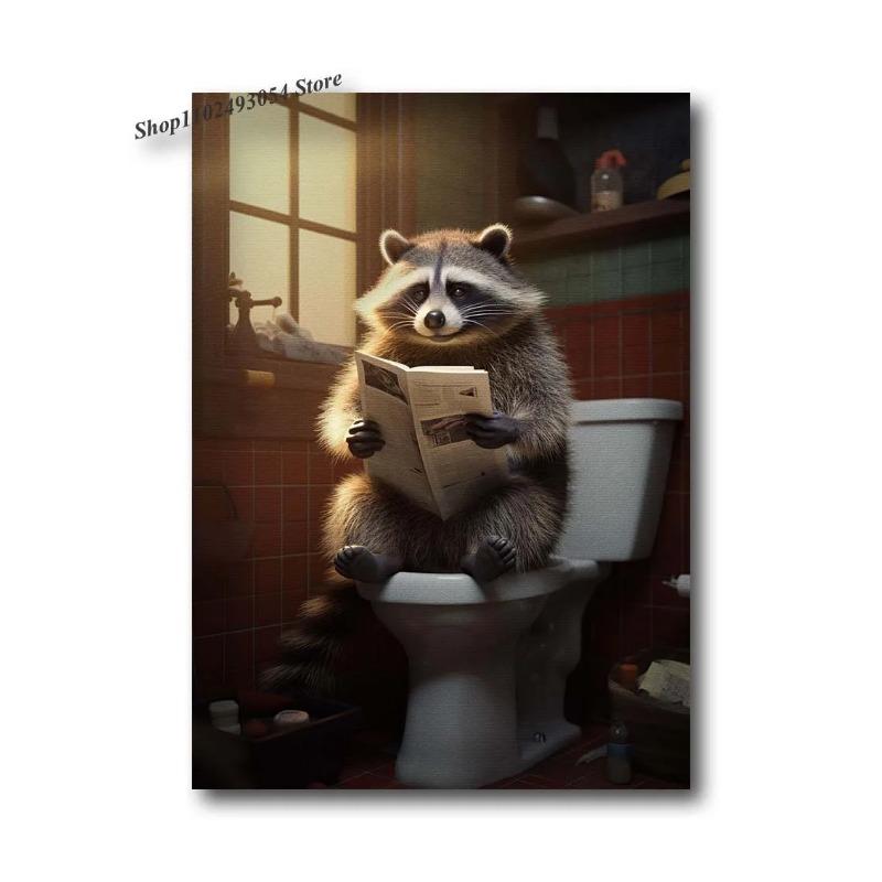 Funny Bathroom Dog Animal Sitting On The Toilet Reading A Newspaper Art Poster Canvas Painting Wall Prints Picture Home Decor