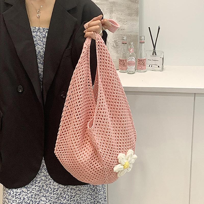 Women'S Braided Bag Korean Style Shoulder Tote Bag Lazy Style Knitted Hollow Flower Beach Bag