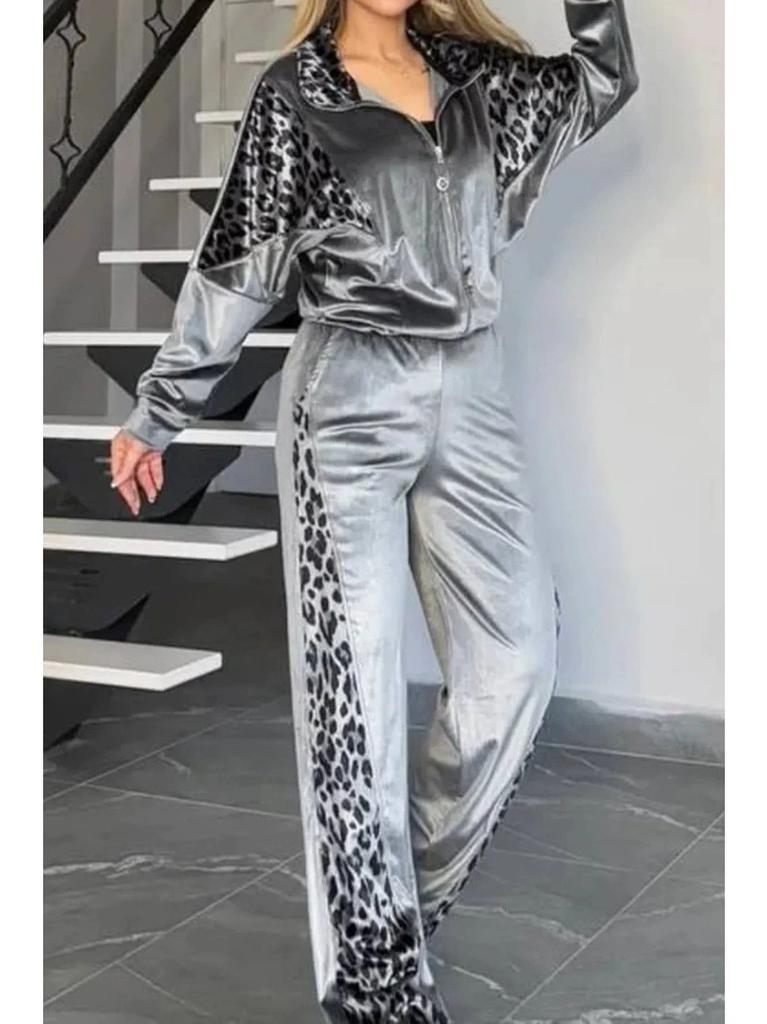 New Fall Leopard-Print Color-Blocked Long-Sleeve Pajama Set
