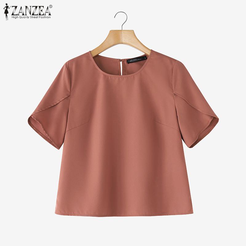 ZANZEA Women Casual Round Neck Summer Short Sleeve Plain Blouse