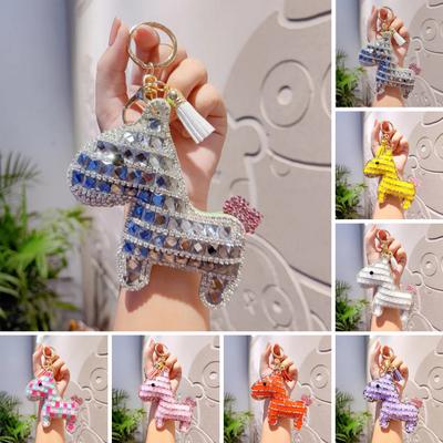 Bag Pendant Sparkling Rhinestones Plaid Pattern Keychain with Tassels Backpacks Handbags Cars Accessories