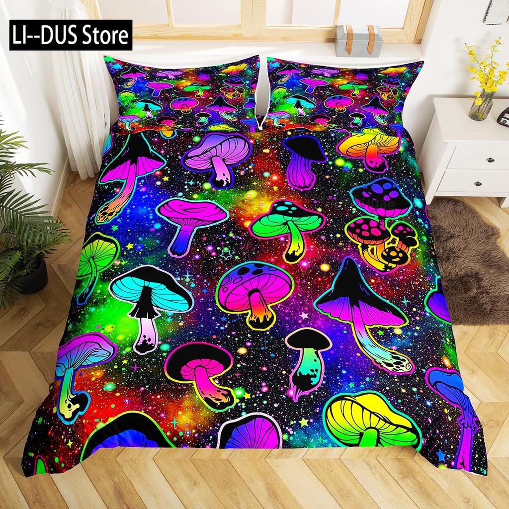 Buntes Pilz-Bettwäsche-Set Einzelgröße Kinder-Bettwäsche-Set Steppdecke Bett-Set Für Jungen Mädchen Erwachsene Mit 1 Bettdecke Und 2 Kissenbezügen
