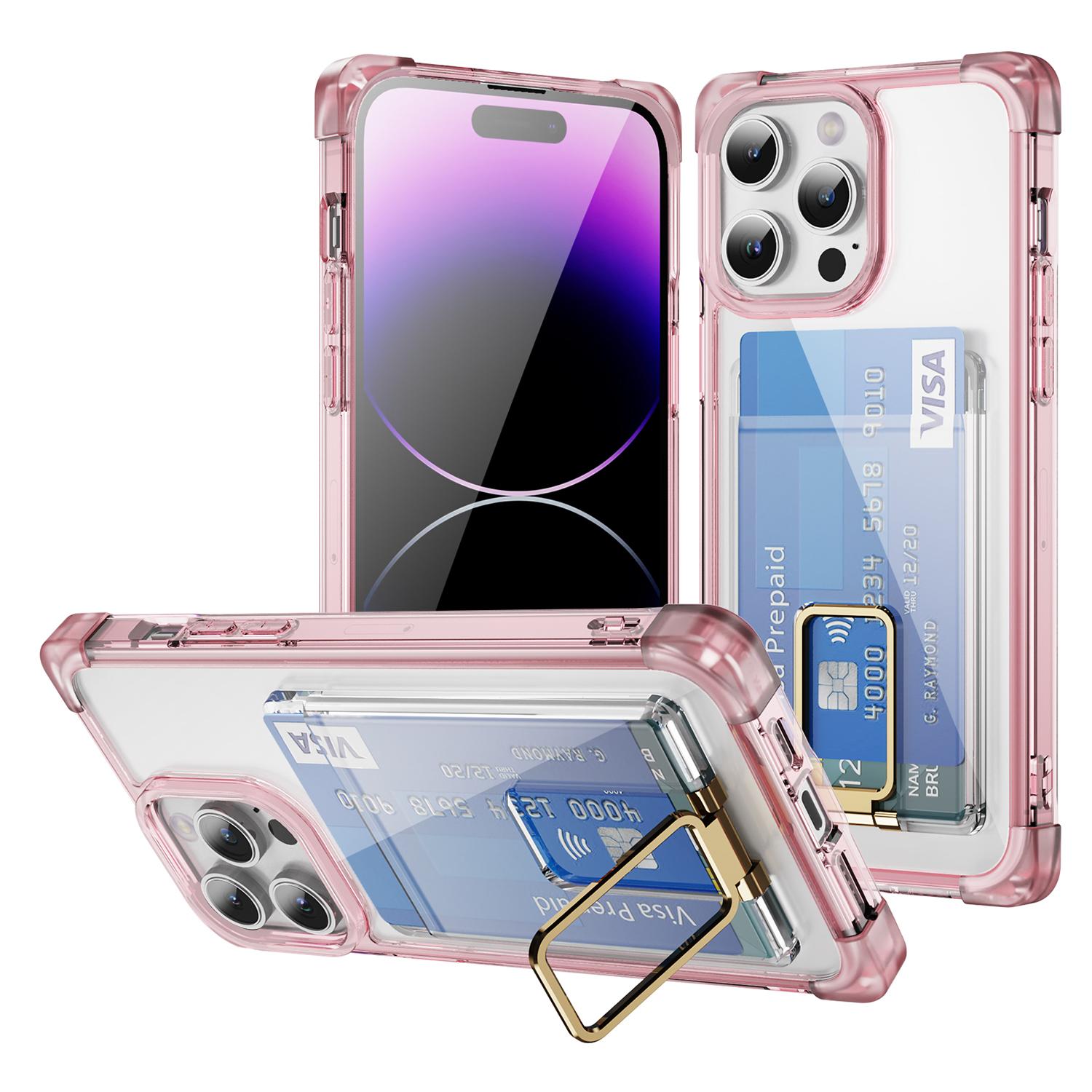 

For iPhone 14 Pro Max Case Reinforced Corners TPU+Acrylic Phone Cover with Kickstand Card Holder Transparent Pink