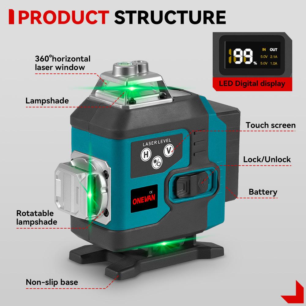 16 rader lasernivå grön linje 4D självnivellerande 360 ​​horisontell vertikal Li-ion batteri Fjärrkontroll Super kraftfull lasernivå