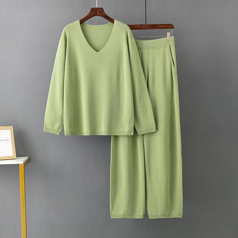 

Женские весенне-осенние однотонные брючные костюмы с v-образным вырезом из ледяного шелка, свободный свитер с высокой талией, комплект из двух предметов OneSize зелёный
