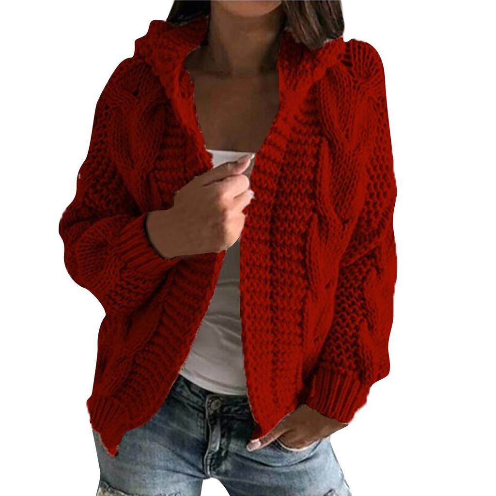 Women's Autmn And Winter Hooded Jacket Solid Color Knitted Cardigan Sweater
