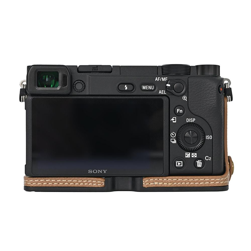 PU kožené pouzdro na polovinu těla fotoaparátu s potiskem dlaně pro Sony A6400 A6300 A6000 A6100, spodní kryt s otvorem na baterii a popruhem na ruku