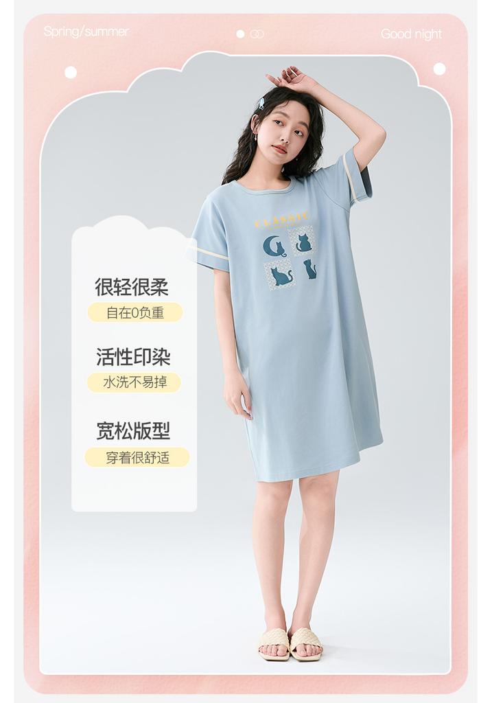 Fenteng [32 count pure cotton] summer new round neck short sleeved loose breathable women's nightgown thin version