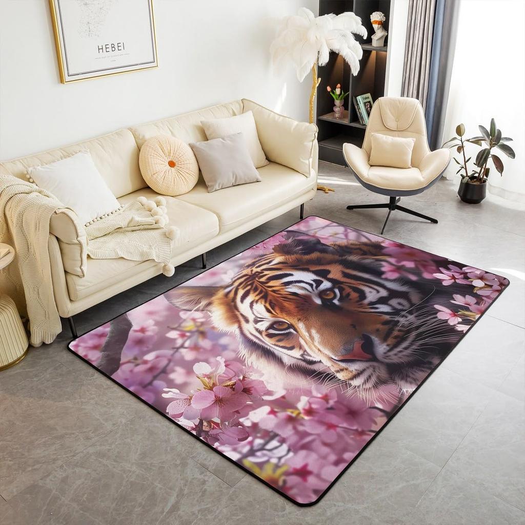 Japanese Ukiyo-e Tiger & Ocean Wave Print Area Rug, Bold Non-Slip Floor Mat for Living Room Bedroom Home Decor Carpet