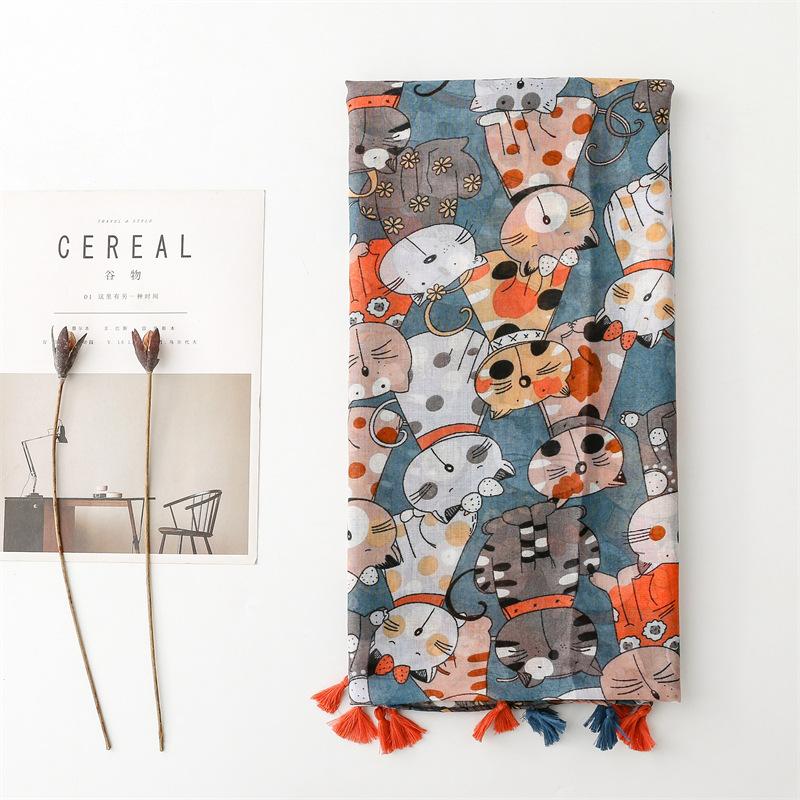 Four Seasons Cute Cat Picture Cotton and Hemp Scarf Sunscreen Shawl Tassel Silk Scarf Neck Protection Scarf