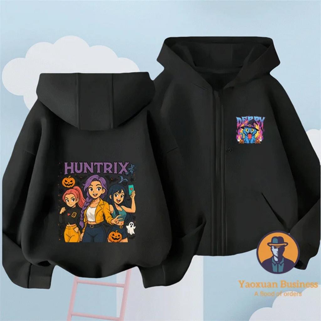Halloween Style KPop Devil Hunter Girl Children's Zipper Hoodie Cute Cartoon Print Warm Windproof Autumn and Winter Fashion Clothing