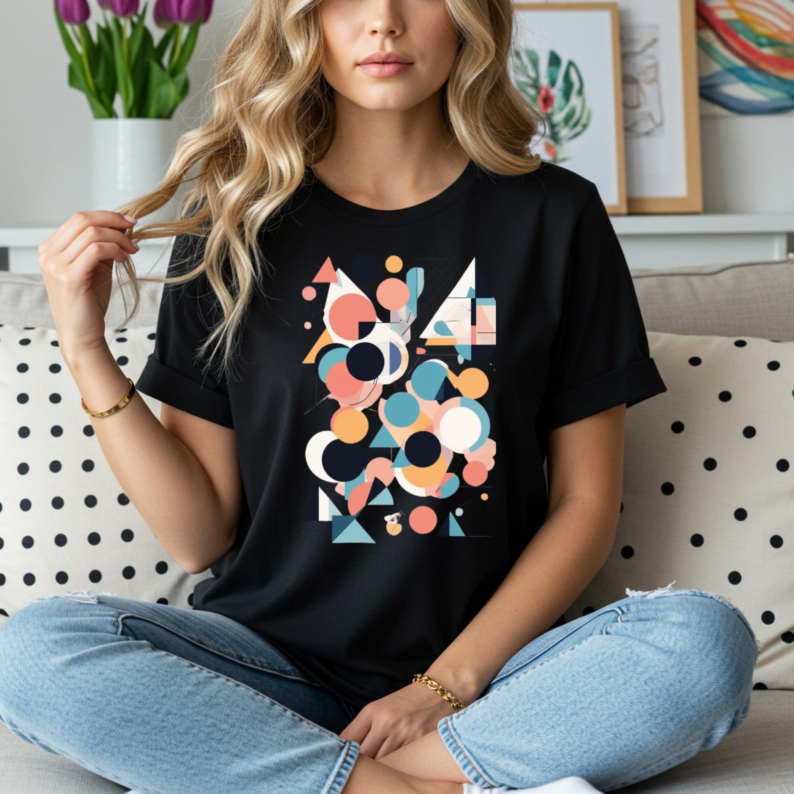 Abstract Geometric T-Shirt | Mid-Century Modern Circles & Triangles Tee | Minimalist Retro Graphic Shirt | Aesthetic Unisex T-Shirt XL
