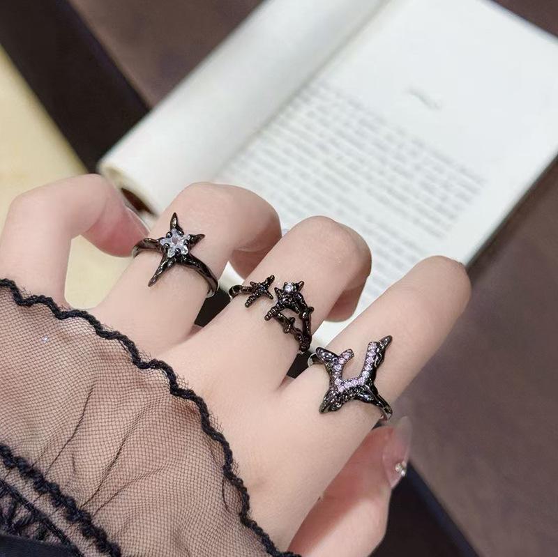 Dark Tide Cool Personality Full Diamond Zircon Irregular Star Opening Ring Niche Premium Sense Stacked Index Finger Ring Female