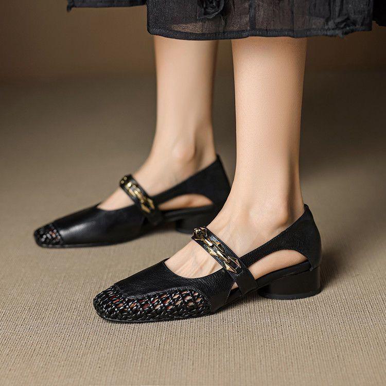 Woven soft leather hollowed out new Chinese summer women's shoes thick sole heightening foot cover super soft one-word single shoes sandals