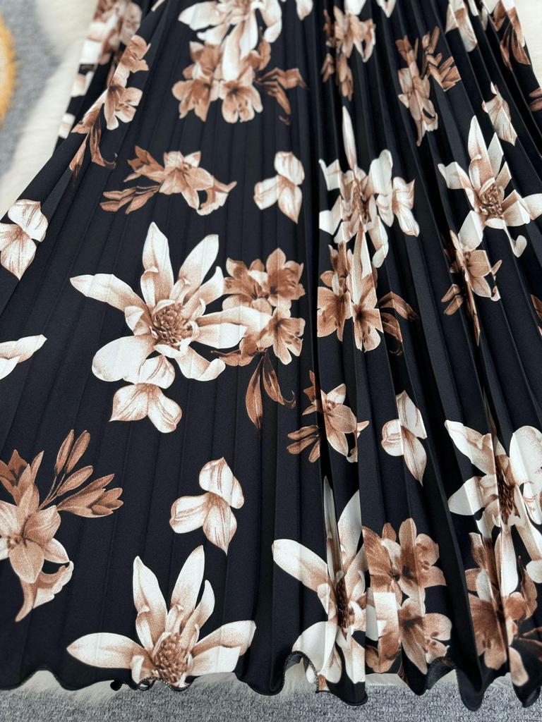 Women's Versatile High Waist A-Line Floral Pleated Midi Skirt