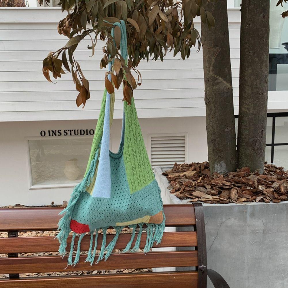 

Soft Knitted Tassel Shoulder Bag Patchwork Commuting Tote Bag Trendy Boho Style Handbag Shopping зелений