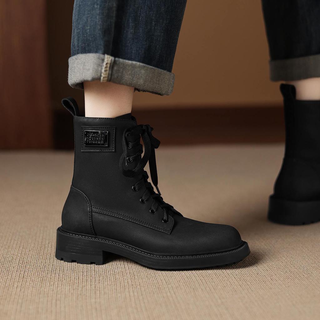 Krazing Pot Genuine Leather Winter Round Toe Western Boots Med Heels Women Cross-tied Lace Up Women Ankle Boots