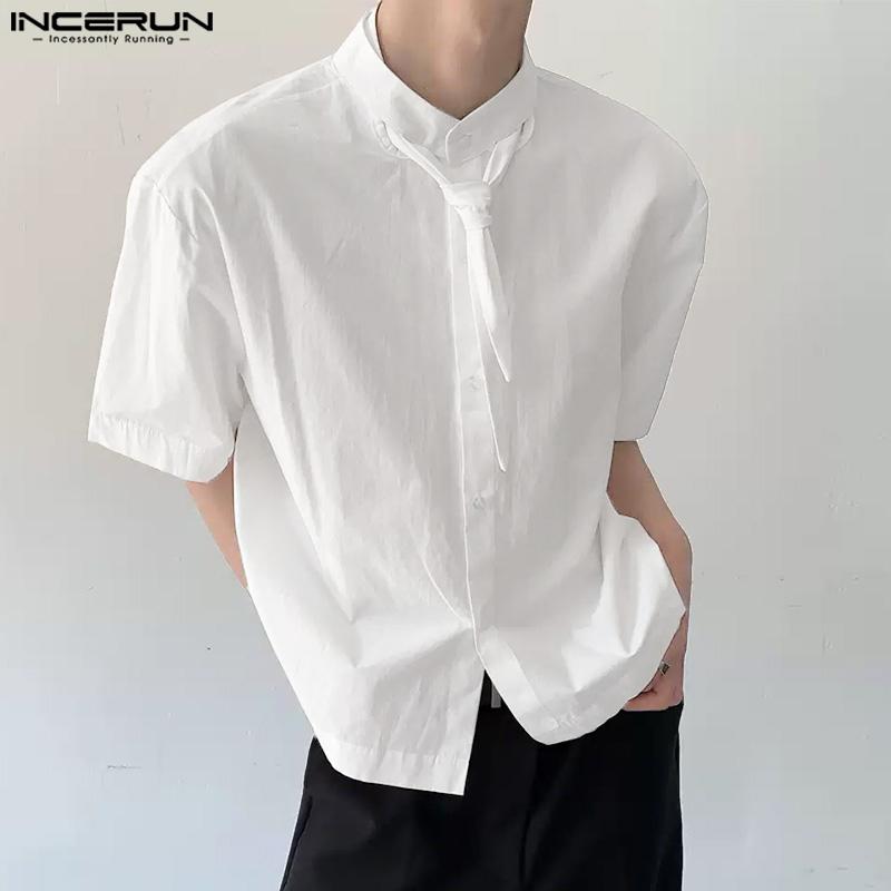 INCERUN Oversized Men Tie Neck Solid Color Buttons Casual Shirts