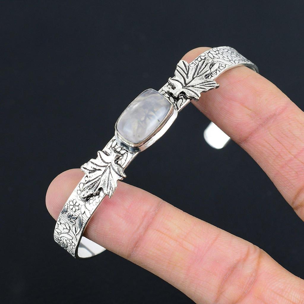 925 Sterling Silver Radiant Natural Rose Quartz Mother Handcrafted Boho Bangle