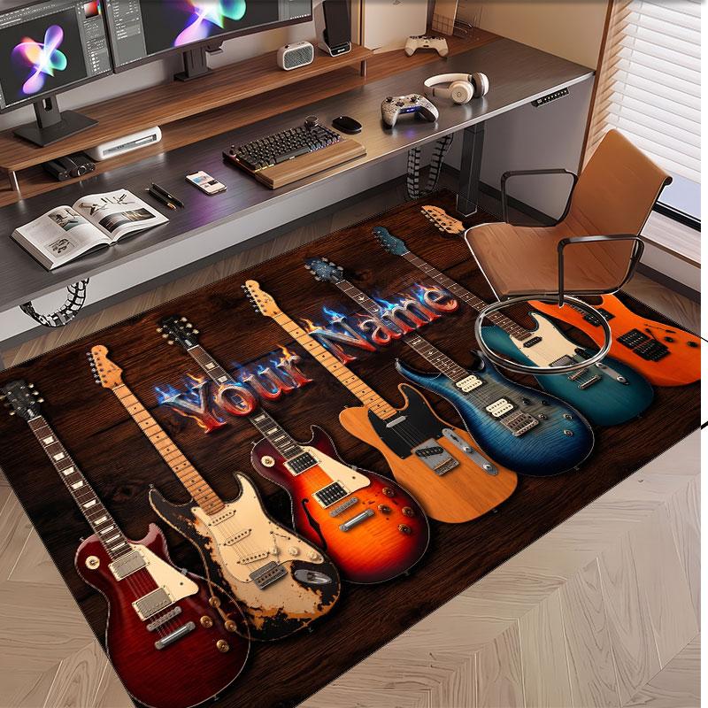 Music Guitar Theme Soft Crystal Velvet Rug Custom Name & Text Print Non Slip Floor Rug for Bedroom Living Room