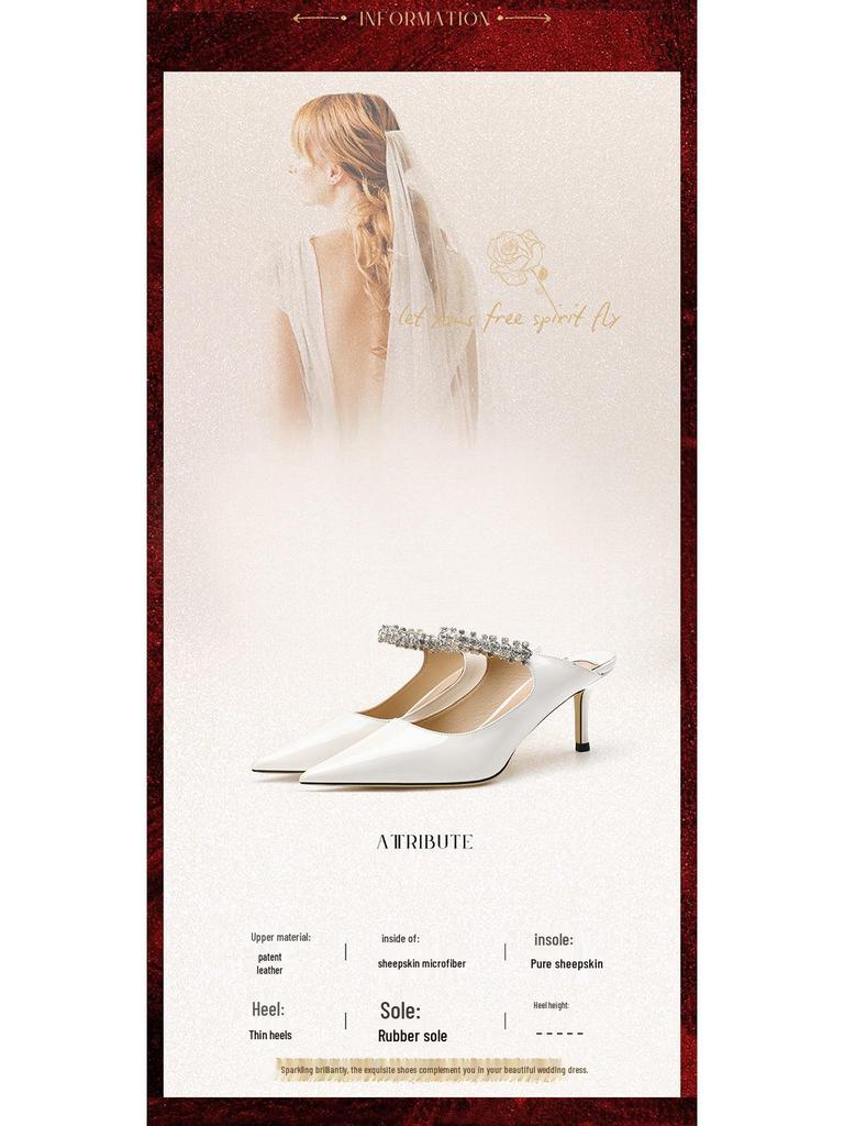 JC Fairy Rhinestone Patent Leather Stiletto Mules: Summer Pointed Toe, Closed Temperament Half-Slippers