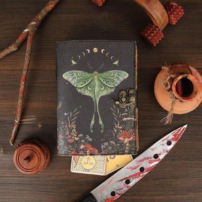 Luna Moth Leather Journal Handmade Vintage Notebook with Lock Witchy Women Gift