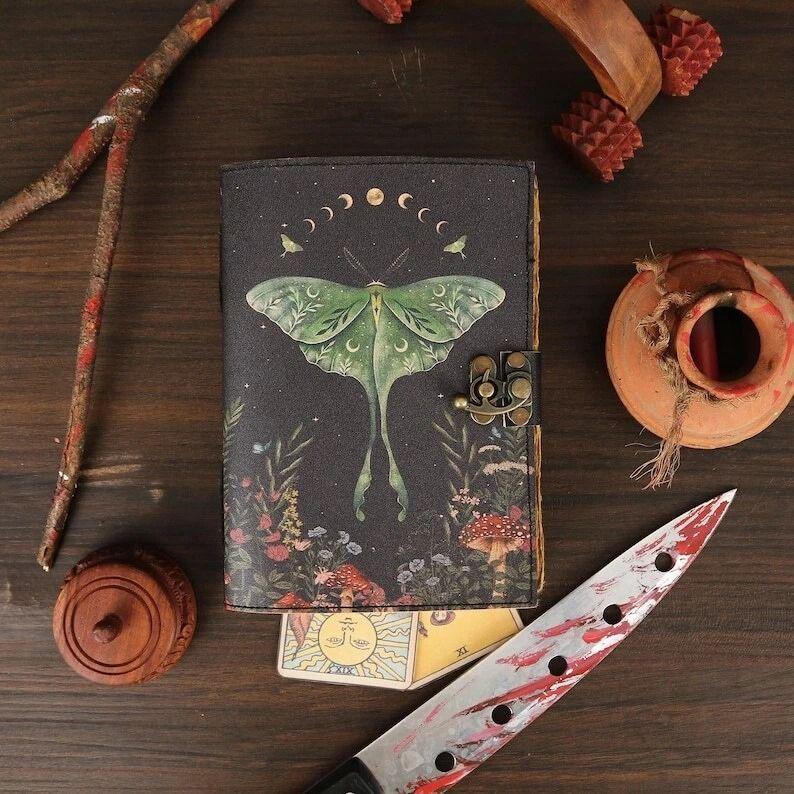Luna Moth Leather Journal Handmade Vintage Notebook with Lock Witchy Women Gift