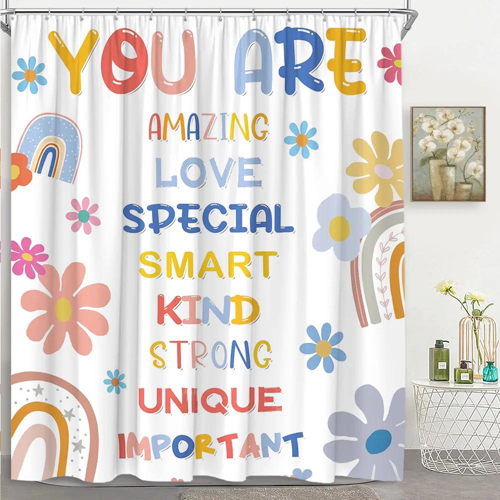 Kids Rainbow Shower Curtain Cartoon Cute Stars Clouds Love Inspirational Quotes Flower Boy Girl Polyester Bathroom Decor Curtain