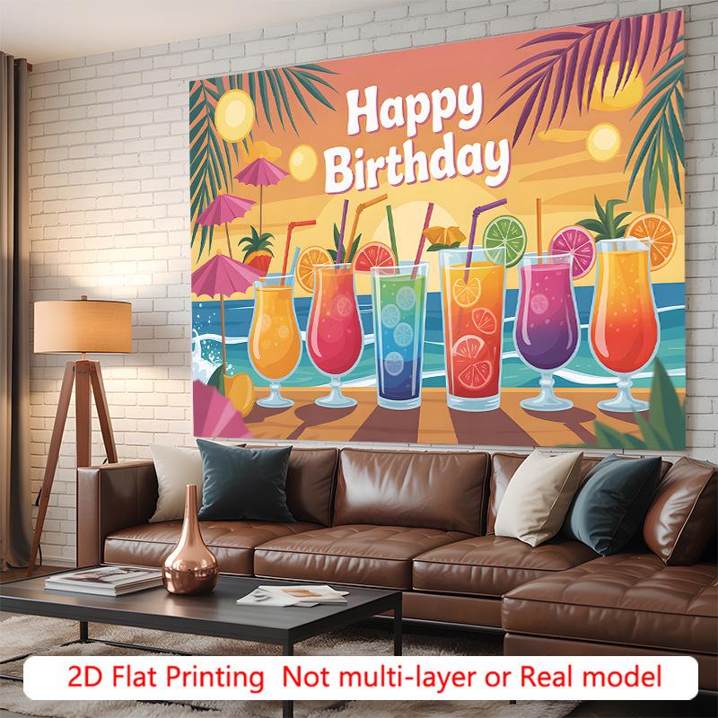 Party Backdrop Tropical Flat Drinks Umbrellas Sunset Scene Photo Booth Background Front Door Decor