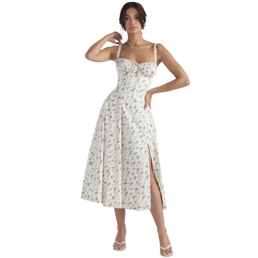 Floral Corset Dress Cottage Core Dress Women Corset Midi Dress Flowy Slit Spaghetti Straps Floral Corset Dress