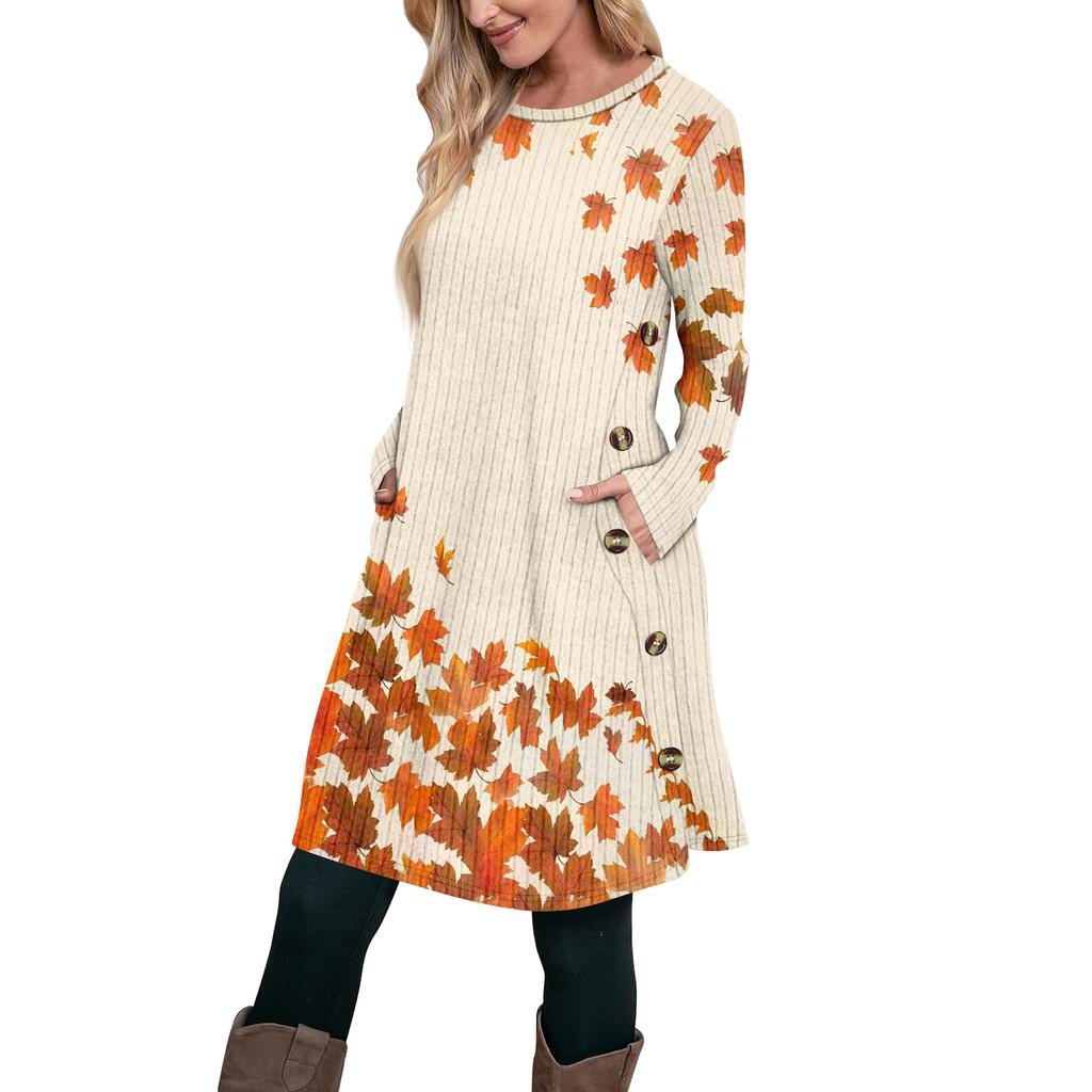 Women's Fashion Casual Long SleeveTunic Dress With Pockets Side Button Dress
