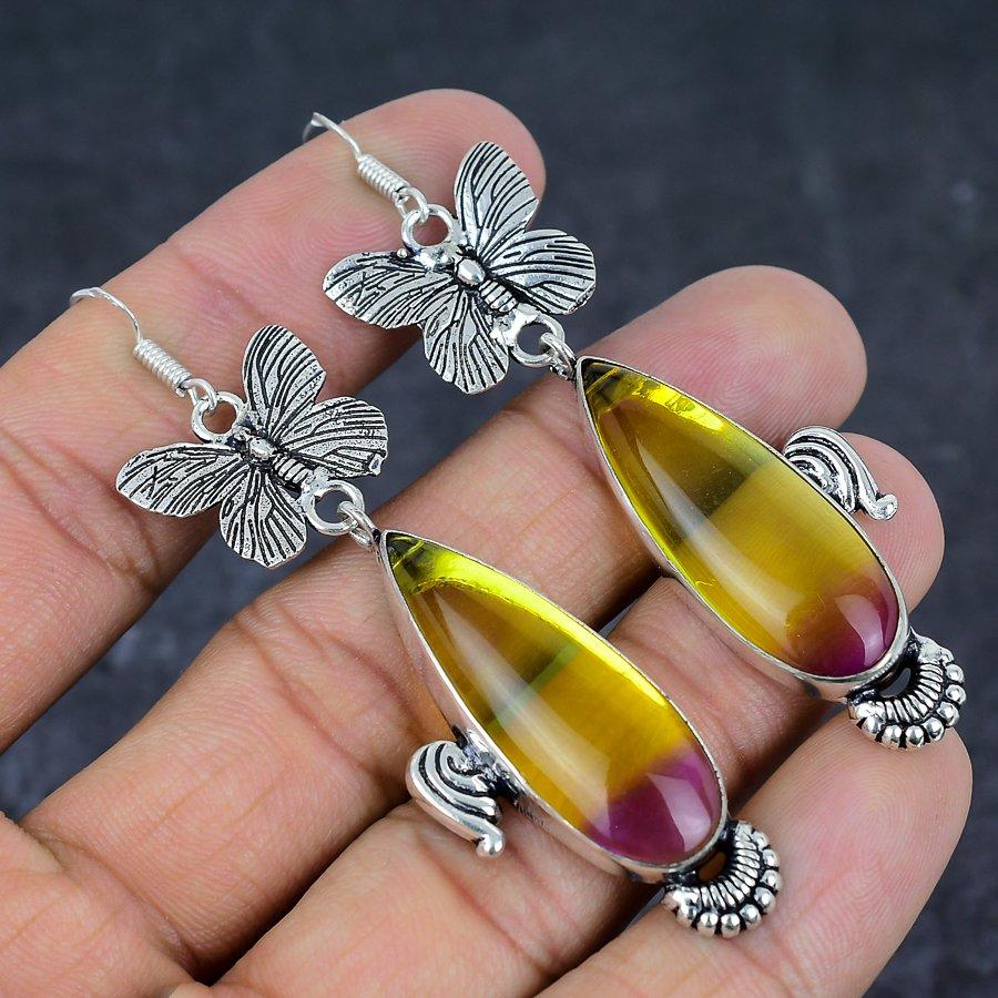 Bi-Color Tourmaline Gemstone 925 Sterling Silver Jewelry Earring 3.03"