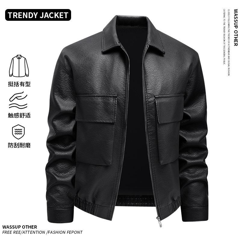New leather jacket men's spring and autumn men's lapel jacket fashion top windproof casual large size tooling jacket