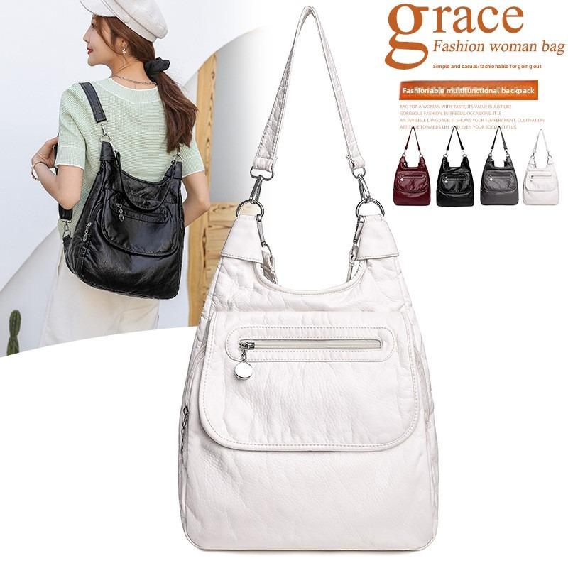 Multifunction White Backpacks Fashion Washed Soft PU Leather Anti-thief Backpack Large Capacity School Bag for Teenager Girls