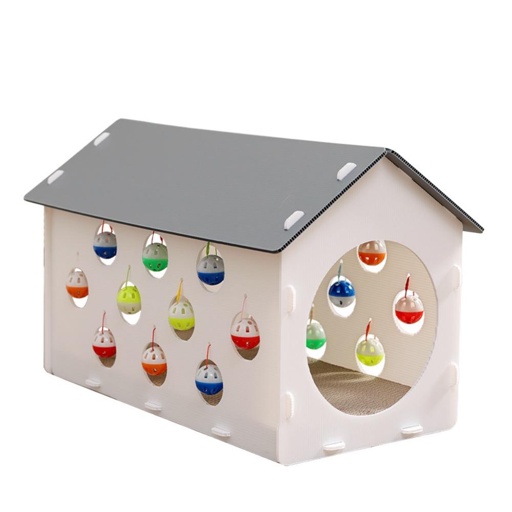 Wear Resistant Cat Cardboard House Removable Semi-Enclosed Cat Scratcher Bed Scratch Resistance with Colorful Balls Cat Box Nest белый