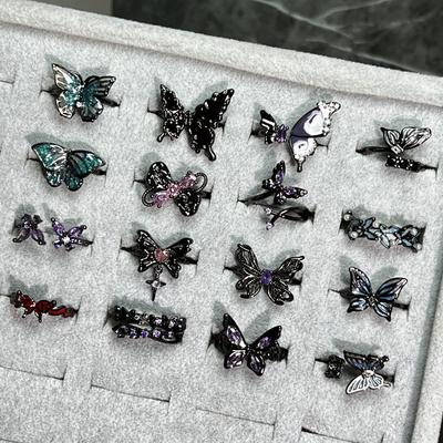 Neutral Style Punk Creative Exquisite Purple Diamond Enamel Butterfly Ring Baroque Dark Style Spice Girl Personality Ring Tide