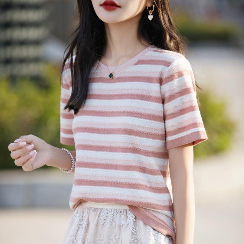 Pure Cotton Rainbow Striped Round Neck Short-sleeved T-shirt for Women In Summer Korean Style Relaxed Fit Design Leisure Knitted Sweater Top
