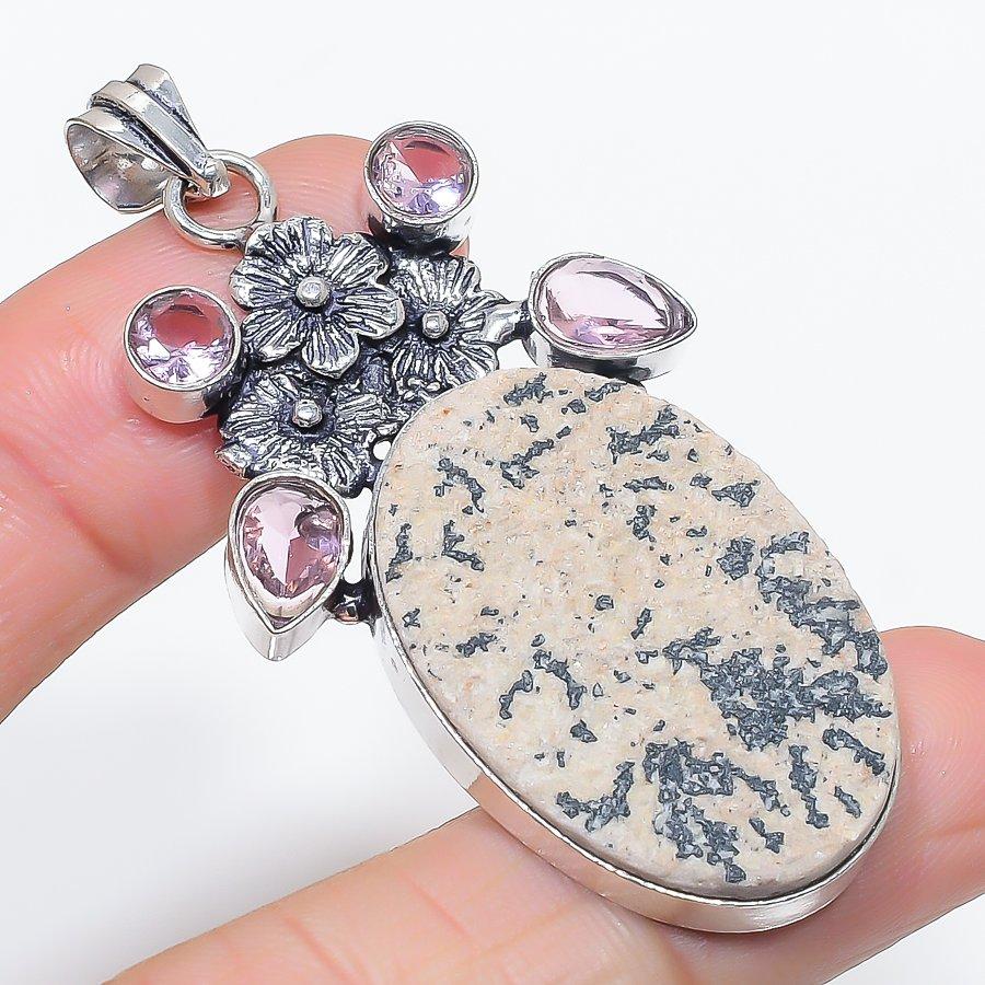 

Натуральный дендритный псиломелан, кунцит, подвеска из стерлингового серебра 925 пробы 2,48 L3m04