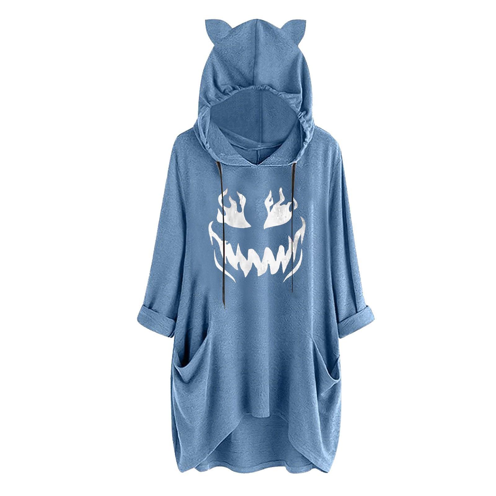 

Ladies Color Cute Irregular Hooded Loose Long Sleeve Oversized T-Shirt XXXXXL синий