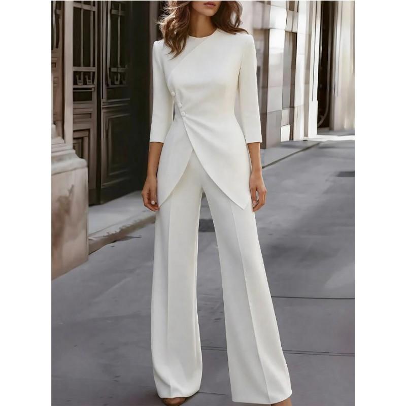 2026 Womens Solid Color Round Neck Asymmetrical Top Flare Pants Set Elegant Office Casual Outfit