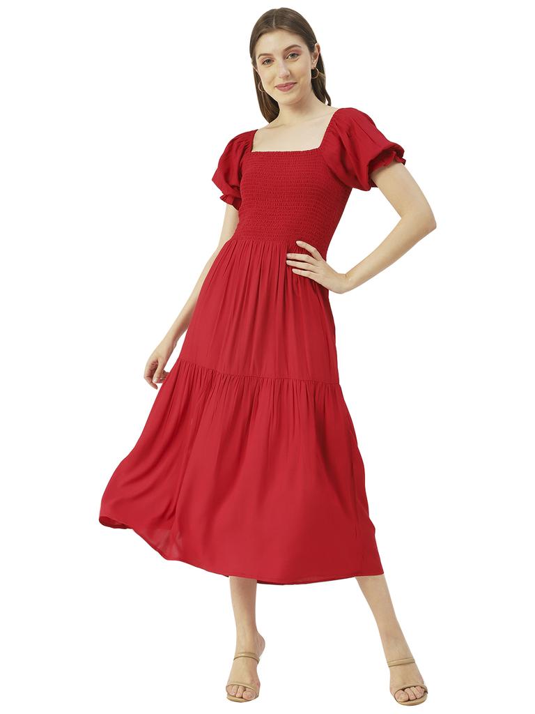 Moomaya Printed Viscose Rayon Summer Dress, Square Neck Smocked Long Dress